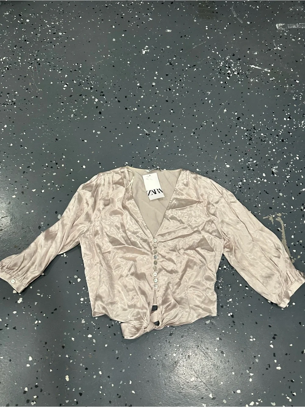 Zara Light Beige Satin Button-Front Tie Hem Blouse